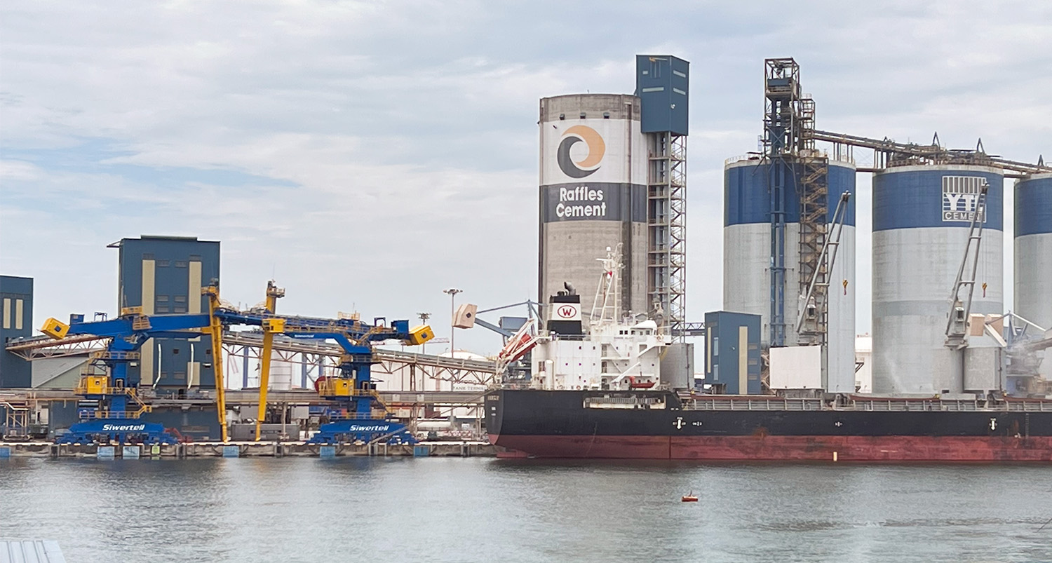 Two Siwertell ship unloaders in Jurong Port, Singapore