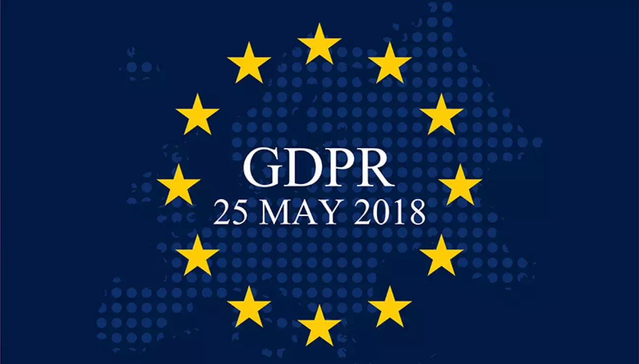Dark blue box with circle of yellow stars and GDPR 25 May text