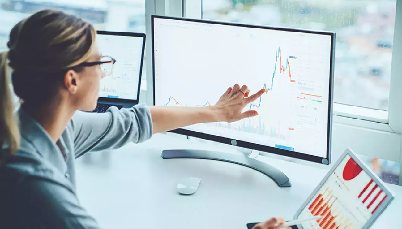 Woman comparing figures on a computer screen