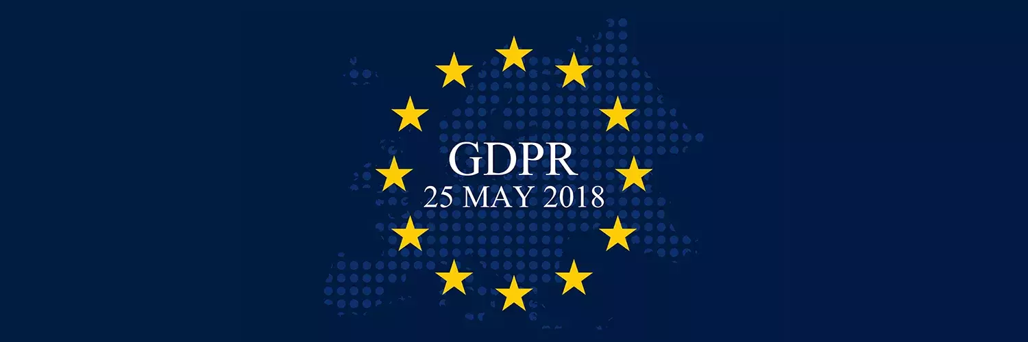 Dark blue box with circle of yellow stars and GDPR 25 May text