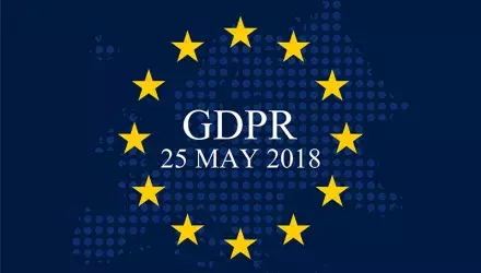 Dark blue box with circle of yellow stars and GDPR 25 May text
