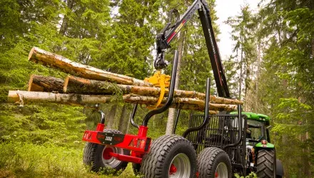 Forest crane lifting logs in forest