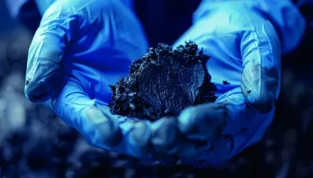 Hands with blue gloves holding biochar