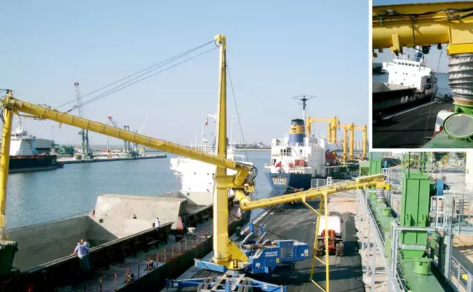 Yellow Siwertell Ship unloader in operation