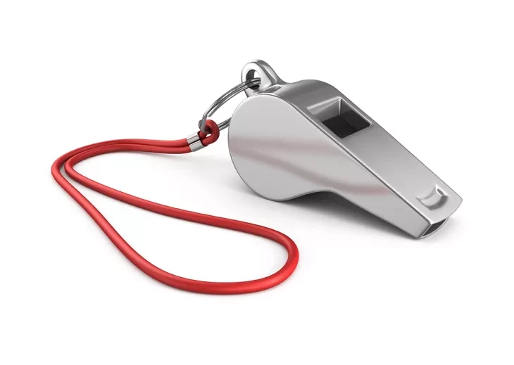 whistle in silver with red ribbon